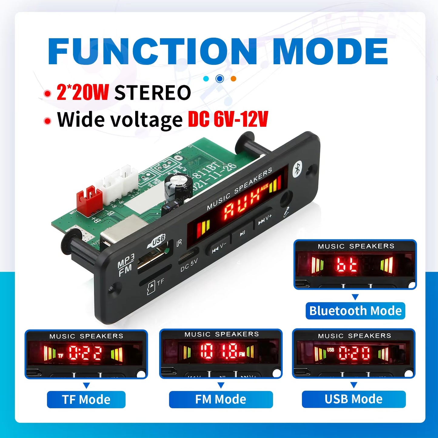 DC 12V Bluetooth 5.0 MP3 Decoder Board 20W Amplifier MP3 Player Support Call Recording 3.5Mm USB TF FM for Module Car Speaker