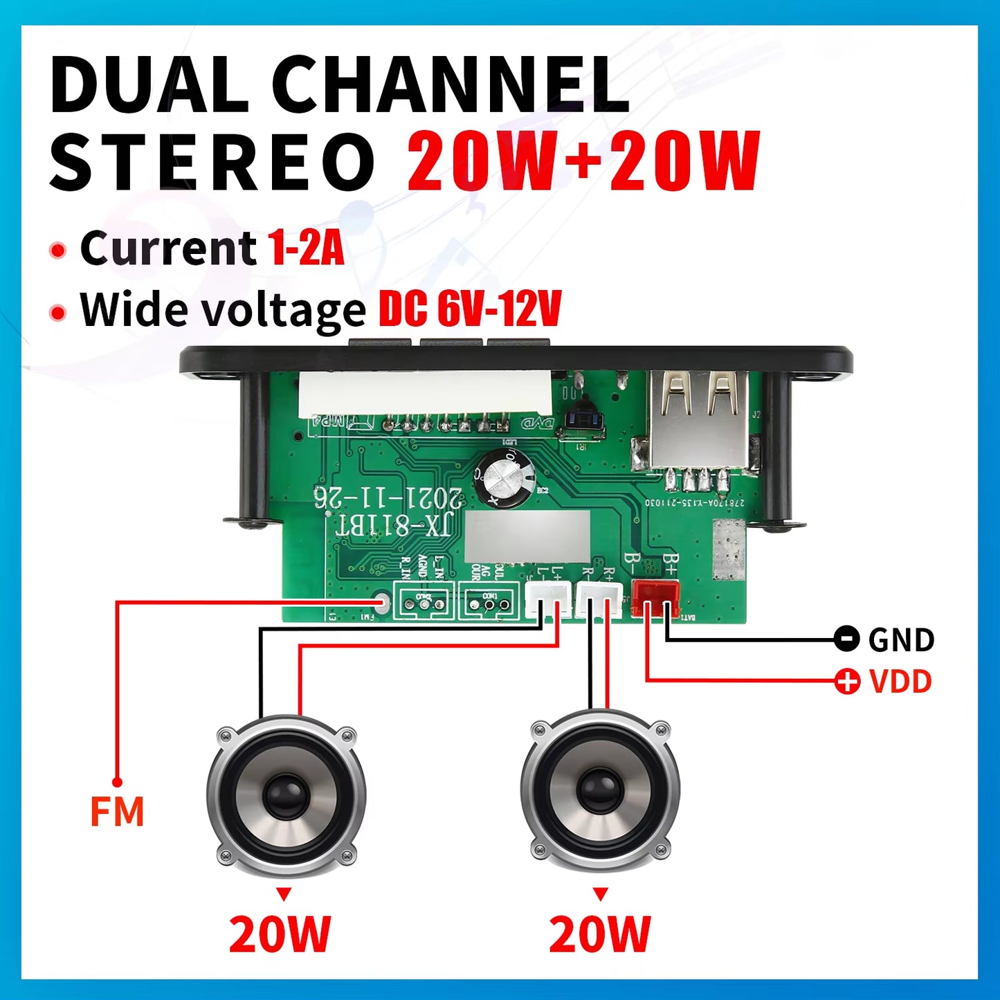 DC 12V Bluetooth 5.0 MP3 Decoder Board 20W Amplifier MP3 Player Support Call Recording 3.5Mm USB TF FM for Module Car Speaker