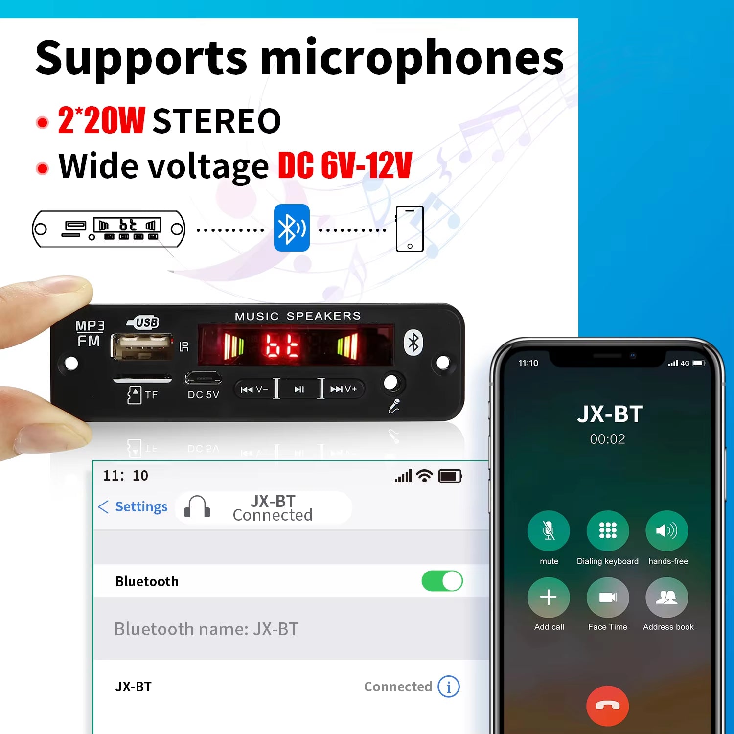 DC 12V Bluetooth 5.0 MP3 Decoder Board 20W Amplifier MP3 Player Support Call Recording 3.5Mm USB TF FM for Module Car Speaker