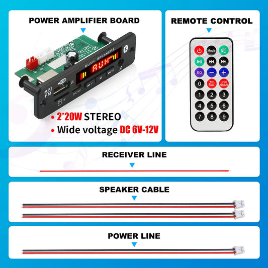 DC 12V Bluetooth 5.0 MP3 Decoder Board 20W Amplifier MP3 Player Support Call Recording 3.5Mm USB TF FM for Module Car Speaker