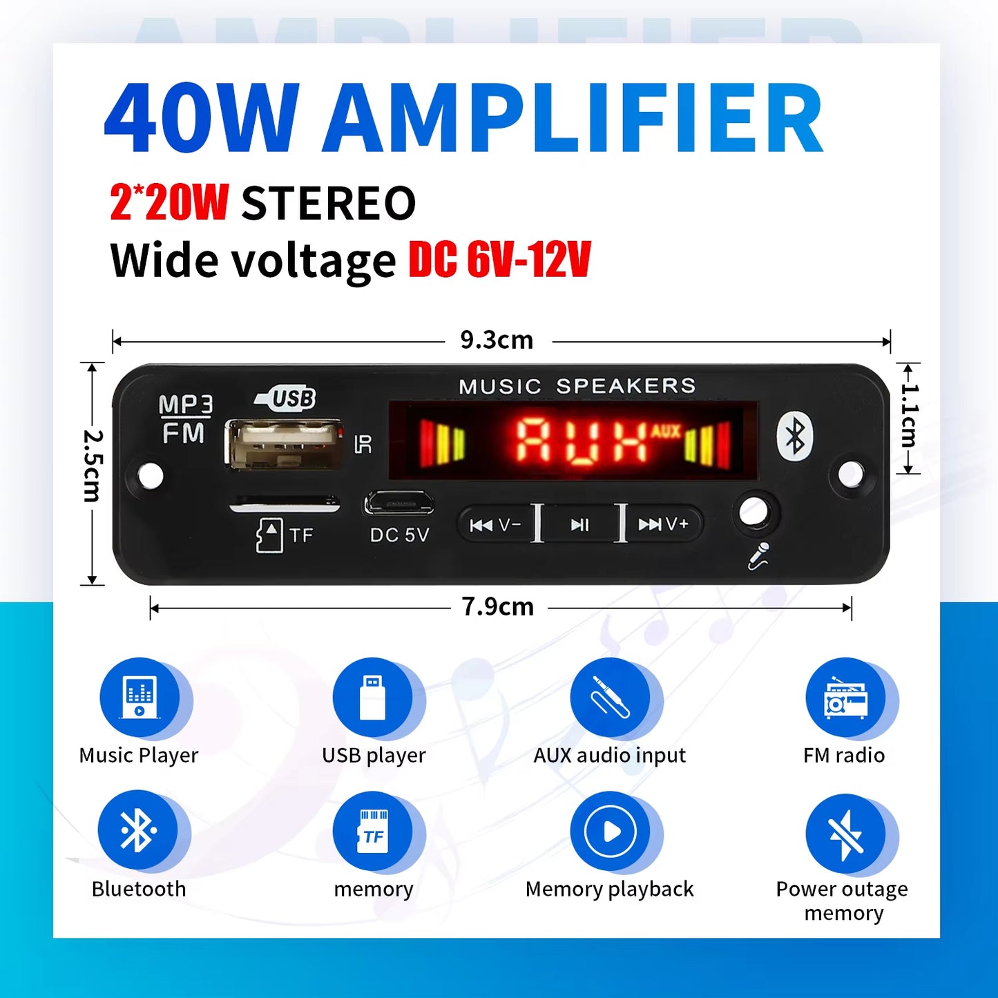 DC 12V Bluetooth 5.0 MP3 Decoder Board 20W Amplifier MP3 Player Support Call Recording 3.5Mm USB TF FM for Module Car Speaker