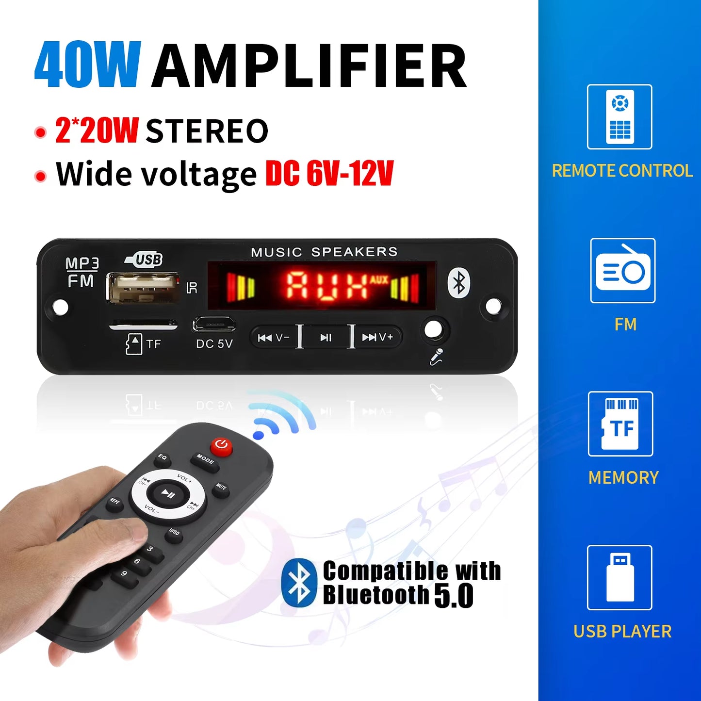 DC 12V Bluetooth 5.0 MP3 Decoder Board 20W Amplifier MP3 Player Support Call Recording 3.5Mm USB TF FM for Module Car Speaker