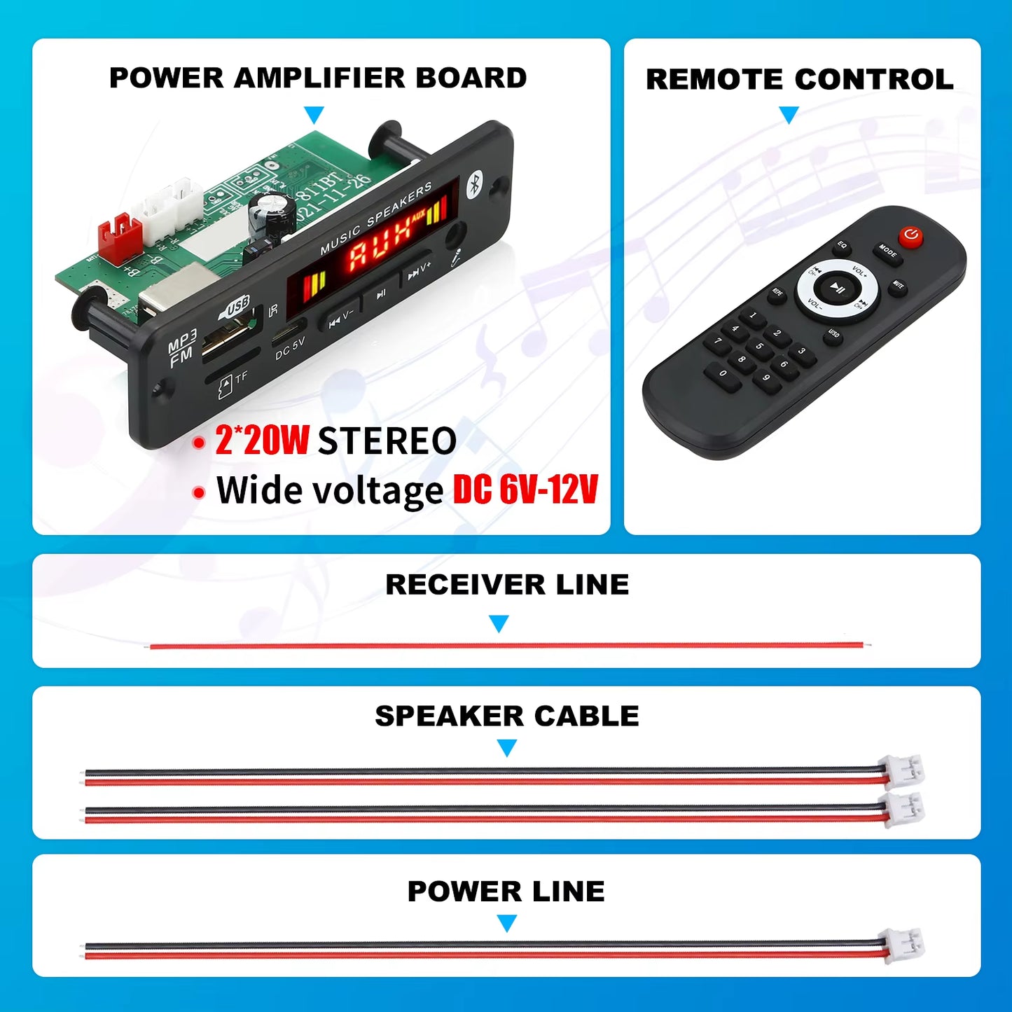 DC 12V Bluetooth 5.0 MP3 Decoder Board 20W Amplifier MP3 Player Support Call Recording 3.5Mm USB TF FM for Module Car Speaker