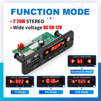 DC 12V Bluetooth 5.0 MP3 Decoder Board 20W Amplifier MP3 Player Support Call Recording 3.5Mm USB TF FM for Module Car Speaker
