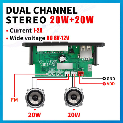 DC 12V Bluetooth 5.0 MP3 Decoder Board 20W Amplifier MP3 Player Support Call Recording 3.5Mm USB TF FM for Module Car Speaker