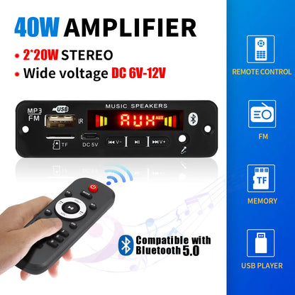 DC 12V Bluetooth 5.0 MP3 Decoder Board 20W Amplifier MP3 Player Support Call Recording 3.5Mm USB TF FM for Module Car Speaker